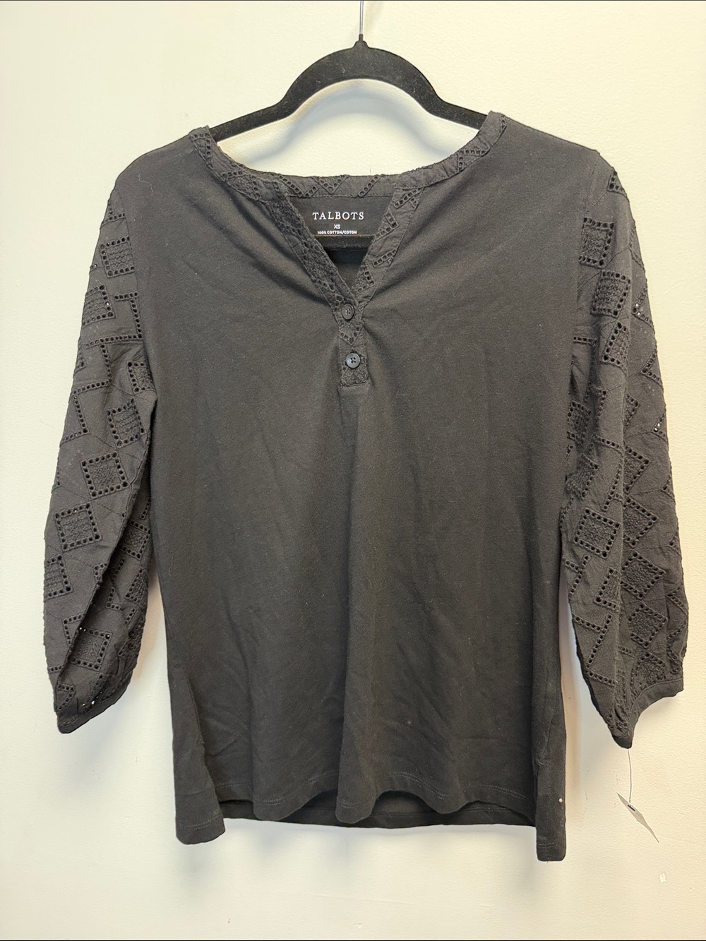 Talbots | Black Eyelet-Sleeve Henley Top